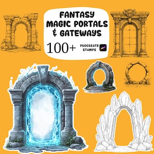 May include: An illustration featuring various fantasy magic portals and gateways. The image includes several archway designs, some with glowing effects, and the text "FANTASY MAGIC PORTALS & GATEWAYS" and "100+ PROCREATE STAMPS" on a yellow background.