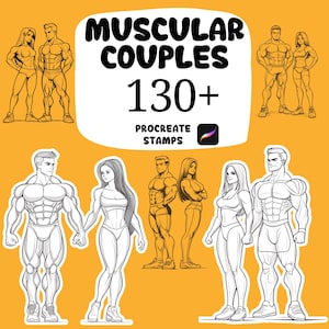 May include: Digital art featuring muscular couples in various poses. The image includes the text "MUSCULAR COUPLES 130+ PROCREATE STAMPS" on a yellow background. The illustrations are in black and white, showcasing male and female figures.