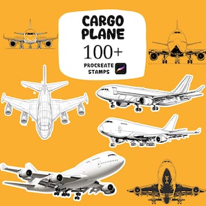 May include: An illustration featuring various cargo plane designs. The image includes a central white banner with the text "CARGO PLANE 100+ PROCREATE STAMPS". The planes are depicted in both outline and solid styles, set against a yellow background.