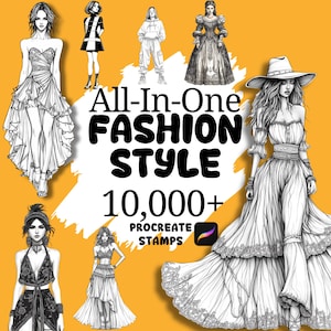 May include: An illustration featuring various fashion styles, including dresses, jumpsuits, and casual wear, against a yellow background. The text "All-In-One FASHION STYLE 10,000+ PROCREATE STAMPS" is prominently displayed, indicating digital art resources.