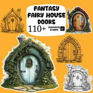 Könnte beinhalten: Ein Bild mit einer Sammlung von Fantasy-Feenhaustüren. Die Türen sind in verschiedenen Stilen gehalten, darunter Holz, Stein und solche, die mit Grün bedeckt sind. Der Text "FANTASY FAIRY HOUSE DOORS" und "110+ PROCREATE STAMPS" ist enthalten.