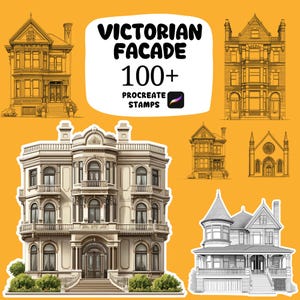 Puede incluir: Conjunto de ilustraciones digitales de fachadas victorianas. La imagen muestra varios diseños de casas en color y arte lineal, con una pancarta que dice "Victorian Facade 100+ Procreate Stamps."