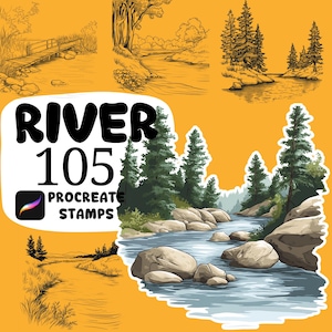 May include: An illustration featuring a collection of river-themed Procreate stamps. The image showcases various river scenes, including a wooden bridge, flowing water, trees, and the text "RIVER 105 PROCREATE STAMPS" on a white background.