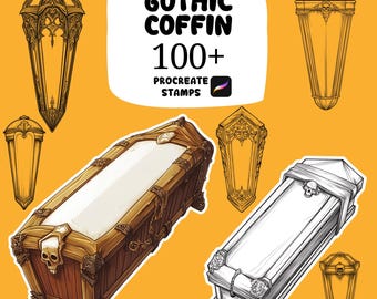 Set de sellos para Procreate con más de 100 ataúdes góticos: torres de arquitectura gótica, campanarios de catedrales e iglesias, diseño de arte digital medieval de fantasía oscura