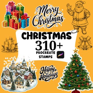 May include: A collection of Christmas-themed digital stamps for Procreate, featuring illustrations of gifts, Santa Claus, a Christmas tree, bells, candles, and a winter village. The text includes "Merry Christmas", "Happy Holidays", and "Christmas 310+ Procreate Stamps".