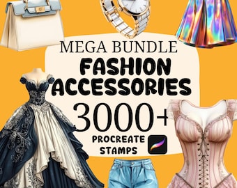 May include: An assortment of fashion accessories, including a handbag, watch, skirt, dress, shorts, and corset. The image features the text "MEGA BUNDLE FASHION ACCESSORIES 3000+ PROCREATE STAMPS". The background is yellow.
