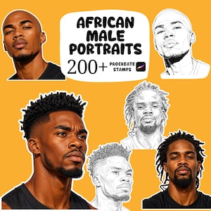 Könnte beinhalten: Eine digitale Sammlung von Porträts afrikanischer Männer mit über 200 Procreate-Stempeln. Die Grafik zeigt verschiedene Illustrationen und realistische Darstellungen von Männern mit unterschiedlichen Frisuren, darunter Fades und Dreadlocks, vor einem gelben Hintergrund.