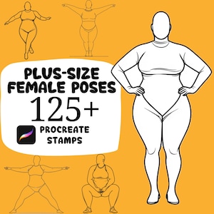 Könnte beinhalten: Digitales Kunstprodukt mit Strichzeichnungen von kurvigen weiblichen Figuren in verschiedenen Posen. Das Bild enthält den Text "PLUS-SIZE FEMALE POSES 125+ PROCREATE STAMPS" und ein Procreate App-Symbol, alles vor gelbem Hintergrund.