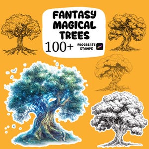 May include: An image featuring several illustrations of fantasy trees in various styles. The text "Fantasy Magical Trees" is displayed above the number "100+" and the words "Procreate Stamps". The trees are in shades of brown, green, and white, set against a yellow background.