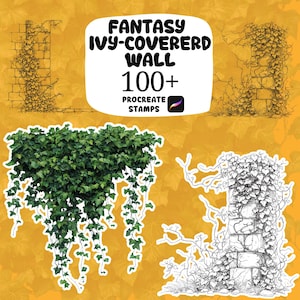 May include: Digital art featuring a fantasy ivy-covered wall with over 100 Procreate stamps. The image showcases various styles, including detailed green ivy and line art versions, set against a yellow background with leaf patterns.