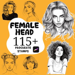 Pode incluir: Ilustrações digitais de rostos femininos com diversos penteados. A imagem exibe o texto "FEMALE HEAD 115+ PROCREATE STAMPS" em um fundo amarelo, juntamente com o logotipo do aplicativo Procreate.