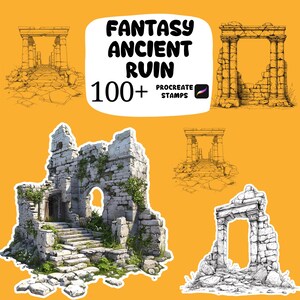 May include: Digital art set featuring illustrations of fantasy ancient ruins. The image includes various stone structures, arches, and stairways, with the text "FANTASY ANCIENT RUIN 100+ PROCREATE STAMPS" on a yellow background.