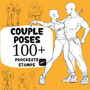 May include: Digital art illustration featuring multiple couple poses. The image includes the text "COUPLE POSES 100+ PROCREATE STAMPS" in bold, black letters on a yellow background. The illustration style is a line drawing.