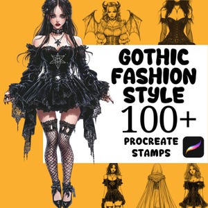 May include: A set of 100+ digital stamps featuring gothic fashion style illustrations. The stamps are designed for use in the Procreate app. The illustrations include a variety of gothic clothing styles, such as dresses, skirts, tops, and accessories.