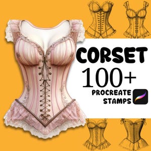 以下が含まれることがあります： さまざまなコルセットのデザインを特徴とする、100種類以上のProcreateスタンプのセット。スタンプは白黒で、レース、リボン、その他の装飾的な要素を含む、さまざまなスタイルのコルセットが特徴です。画像には「CORSET 100+ PROCREATE STAMPS」というテキストが表示されています。