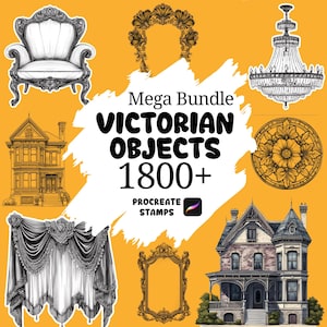 May include: An assortment of Victorian-era illustrations on a yellow background. The image includes a chair, chandelier, houses, decorative elements, and the text "Mega Bundle Victorian Objects 1800+ Procreate Stamps."