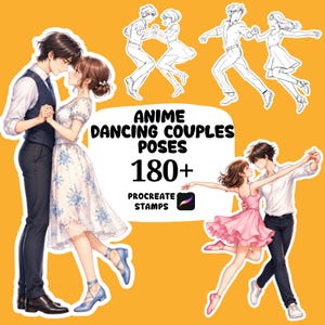 May include: A digital collection of 180+ anime dancing couples poses for Procreate stamps. The image features illustrations of pairs in various dance positions, including a couple in formal attire and a couple in a pink dress and white shirt.