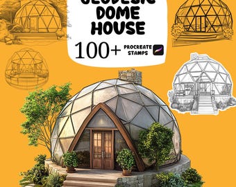 100+ Geodätische Kuppelhäuser Procreate Pinsel, Architektur-Briefmarken für moderne, rustikale, Cottage-, Hütten-, Bauernhaus-, Küsten- und Hanghäuser