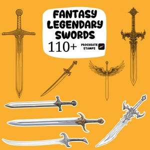 May include: An assortment of fantasy swords in various designs, with gold and silver blades. The image includes a white graphic with the text "FANTASY LEGENDARY SWORDS 110+ PROCREATE STAMPS" on an orange background.