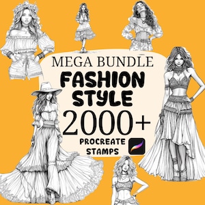 May include: An illustration featuring multiple fashion style sketches. The image includes the text "MEGA BUNDLE FASHION STYLE 2000+ PROCREATE STAMPS" on a yellow background. The sketches depict various outfits.