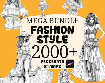 May include: An illustration featuring multiple fashion style sketches. The image includes the text "MEGA BUNDLE FASHION STYLE 2000+ PROCREATE STAMPS" on a yellow background. The sketches depict various outfits.