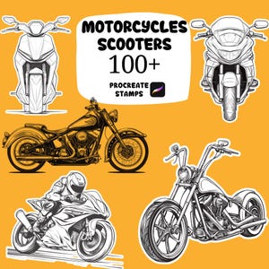 May include: An image featuring various motorcycle and scooter illustrations in black and white and gold, with the text "MOTORCYCLES SCOOTERS 100+ PROCREATE STAMPS" on a yellow background. The illustrations include a cruiser, a sport bike, and a scooter.
