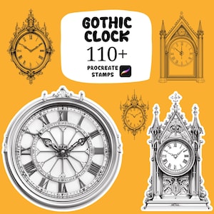 May include: An assortment of gothic clock designs in various styles, including ornate wall clocks and detailed mantel clocks. The image features clocks in gold, silver, and black and white, with Roman numeral clock faces. Text reads "Gothic Clock 110+ Procreate Stamps."