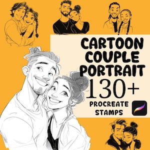 Puede incluir: Arte digital con retratos de parejas de dibujos animados. La imagen incluye múltiples ilustraciones de parejas sonrientes en varios estilos. El texto en la imagen dice "CARTOON COUPLE PORTRAIT 130+ PROCREATE STAMPS".