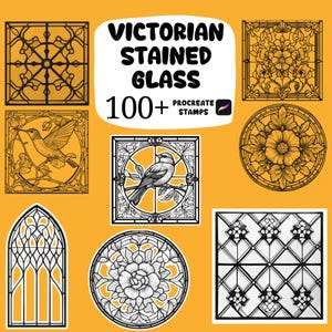 Könnte beinhalten: Digitale Stempel mit viktorianischen Buntglasdesigns. Das Bild zeigt verschiedene quadratische, kreisförmige und bogenförmige Muster mit Blumen- und Vogelmotiven. Der Text "Victorian Stained Glass" und "100+ Procreate Stamps" ist ebenfalls vorhanden.