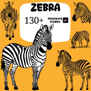 May include: An orange background features multiple zebra illustrations in black and white. The word "ZEBRA" is at the top, with "130+" and "PROCREATE STAMPS" below. The zebra designs vary in pose and style.