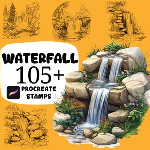 Könnte beinhalten: Digitales Kunstset mit Wasserfall-Illustrationen. Das Bild zeigt eine detaillierte Wasserfallszene mit kaskadierendem Wasser, Felsen und Pflanzen. Der Text "WATERFALL 105+ PROCREATE STAMPS" wird auf gelbem Hintergrund angezeigt.