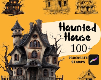 Procreate Haunted House Pinsel | 100+ Spukhaus Procreate Briefmarken | Gruseliger Horror | Geisterhaus | Procreate Halloween Charaktere
