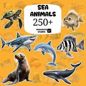 May include: A digital illustration of diverse marine life, such as a turtle, shark, dolphin, and whale, on a yellow backdrop. The image includes the text "SEA ANIMALS 250+ PROCREATE STAMPS".