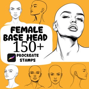 Könnte beinhalten: Digitale Kunst mit mehreren Illustrationen von weiblichen Köpfen in verschiedenen Posen. Der Text "FEMALE BASE HEAD 150+ PROCREATE STAMPS" wird auf gelbem Hintergrund zusammen mit dem Procreate App-Logo angezeigt.