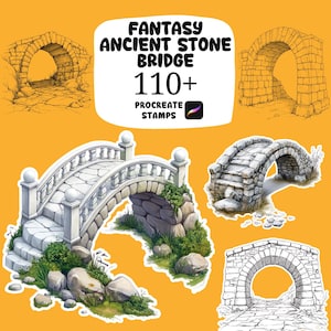 May include: An assortment of fantasy ancient stone bridge illustrations. The image includes various bridge designs, including arched and curved styles, with detailed stonework and greenery. Text reads "FANTASY ANCIENT STONE BRIDGE 110+ PROCREATE STAMPS".
