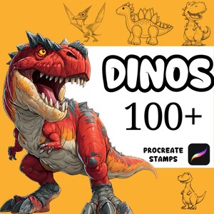 May include: A digital illustration featuring a large, red Tyrannosaurus Rex with an open mouth, and several smaller cartoon dinosaurs. The image includes the text "DINOS 100+" and "PROCREATE STAMPS" on a yellow background.
