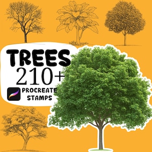 以下が含まれることがあります： さまざまな木のイラストと、大きな緑の木が描かれた画像です。「TREES 210+ PROCREATE STAMPS」というテキストが表示されています。背景は暖色系の黄色です。