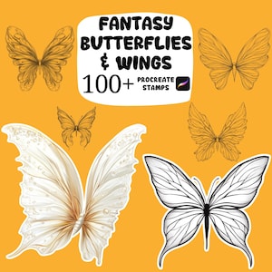 Könnte beinhalten: Eine Darstellung von Schmetterlings- und Flügeldesigns in Gold-, Weiß- und Schwarztönen auf gelbem Hintergrund. Der Text "FANTASY BUTTERFLIES & WINGS" und "100+ PROCREATE STAMPS" ist ebenfalls enthalten.
