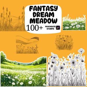 May include: An orange background with illustrations of meadow scenes and the text "FANTASY DREAM MEADOW 100+ PROCREATE STAMPS". The illustrations include fields of daisies, tall grass, and rolling hills.