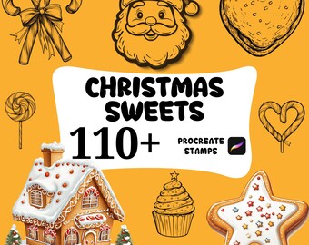 May include: An illustration featuring Christmas sweets, including a gingerbread house, star-shaped cookie, cupcake, and candy canes. The text "CHRISTMAS SWEETS 110+ PROCREATE STAMPS" is displayed on a yellow background.