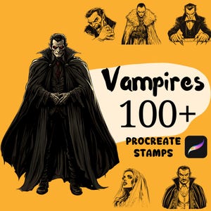 May include: Digital art featuring illustrations of vampires in various poses and styles. The image includes the text "Vampires 100+ Procreate Stamps" on a yellow background. The illustrations showcase classic vampire imagery.