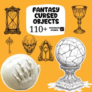 May include: An assortment of fantasy-themed illustrations on an orange background. The image includes an hourglass, chalice, key, demonic face, and a cracked orb. Text reads "FANTASY CURSED OBJECTS 110+ PROCREATE STAMPS."