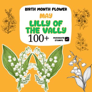 Puede incluir: Ilustración digital sobre un fondo amarillo con el texto "Birth Month Flower May Lilly of the Valley 100+ Procreate Stamps". La imagen incluye dibujos detallados de flores de lirio de los valles y otros elementos florales.
