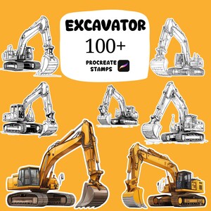 Op de afbeelding: Een verzameling illustraties van graafmachines in verschillende stijlen, zowel gekleurd als zwart-wit, tegen een feloranje achtergrond. De afbeelding bevat de tekst "EXCAVATOR 100+ PROCREATE STAMPS".