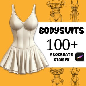 Pode incluir: Um body creme com decote em V e saia rodada é apresentado à esquerda. A imagem também inclui esboços de outros bodies e o texto "Bodysuits 100+ Procreate Stamps". O fundo é laranja sólido.