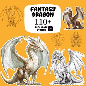 May include: An assortment of fantasy dragon illustrations in various styles, including sketches and detailed color renderings. The image features a variety of dragons with different poses and wing designs, set against a yellow background. Text reads "Fantasy Dragon 110+ Procreate Stamps."