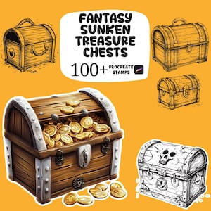Könnte beinhalten: Illustration mit Fantasy-Schatzkisten, einige davon gefüllt mit Goldmünzen. Das Bild enthält den Text "FANTASY SUNKEN TREASURE CHESTS" und "100+ PROCREATE STAMPS". Die Truhen sind in verschiedenen Stilen dargestellt, darunter eine Skizze und eine detaillierte, offene Truhe.