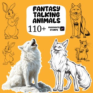 May include: An illustration featuring various fantasy animals, including a rabbit, wolf, fox, and squirrel, with the text "FANTASY TALKING ANIMALS" and "110+ PROCREATE STAMPS" on a yellow background.