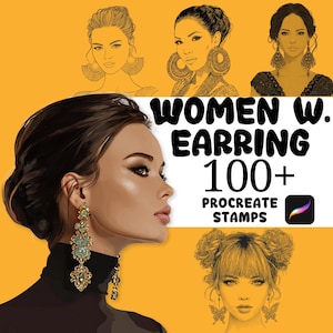 Può includere: Illustrazione di ritratti di donne con diversi modelli di orecchini. L'immagine include il testo "WOMEN W. EARRING 100+ PROCREATE STAMPS" su sfondo giallo. Gli orecchini sono di vari stili e colori.