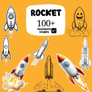 May include: An orange background showcases several rocket illustrations in white, red, and orange. The text "ROCKET 100+ PROCREATE STAMPS" is in a white rounded rectangle. The rockets are shown in diverse styles, some with flames and smoke.